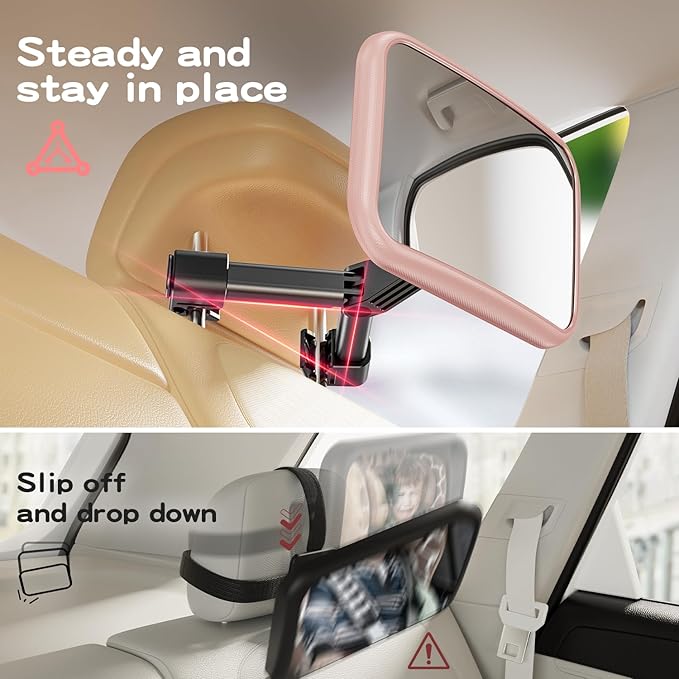 TAZENI Car Mirror for Baby - Hook Clip Design, Never Shake Car Seat Mirror, Rear Facing, Easy Install, Back Seat Crystal Clear View, ShatterProof Tested - Pink
