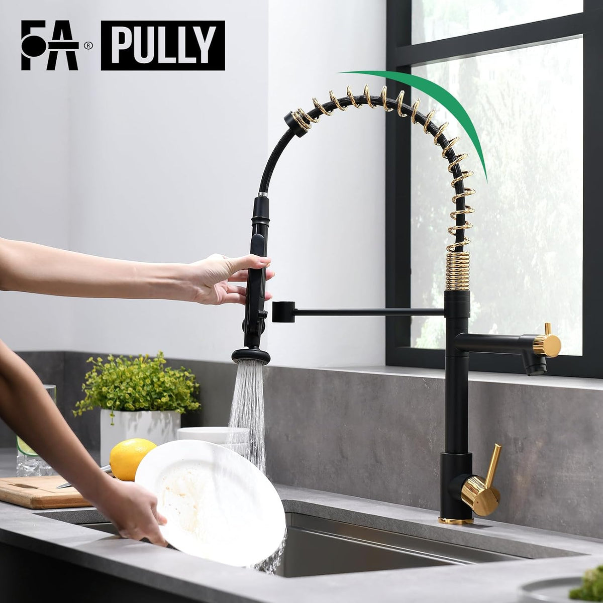 Fapully Black&Gold Kitchen Faucet with Sprayer,Commercial Pull Down Kitchen Faucet for Kitchen Sink
