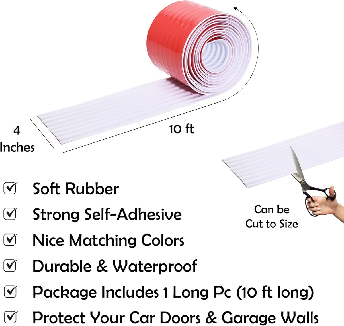 RUBBER BOND Garage Wall Protectors - 4in x 10ft Strong Self-Adhesive Rubber Bumper Protectors for Garage Walls - Heavy Duty, Waterproof and Anti-Scratch Garage Wall Protector for Car Doors (White)
