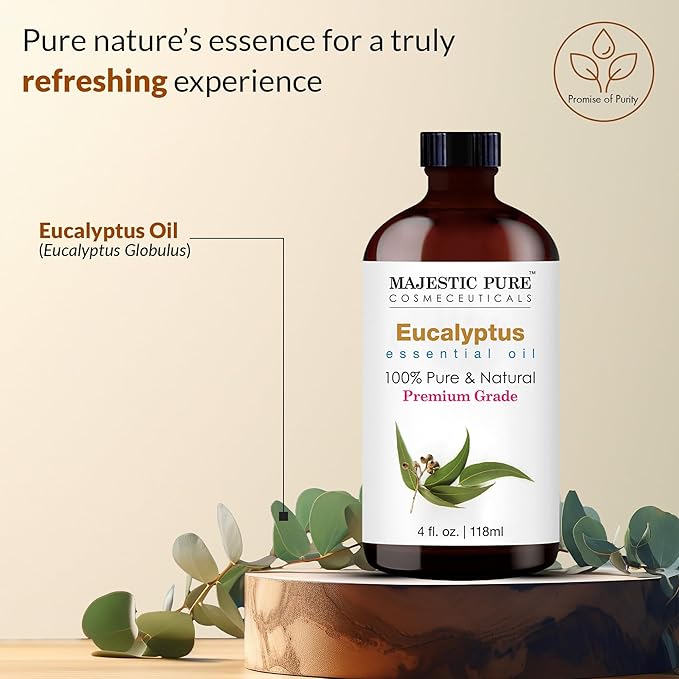 Majestic Pure Essential Oil with Glass Dropper - 100% Pure and Natural - Essential Oils for Diffuser, Aromatherapy, Soap and Candle Making, Eucalyptus Essential Oil, Eucalyptus Oil, 4 Fl Oz