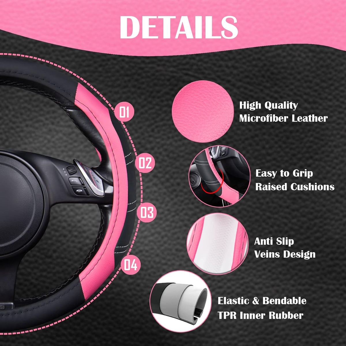 CAR PASS Line Rider Microfiber Leather Sporty 14.5-15 inch Steering Wheel Cover Universal Fits for 95% Truck,SUV,Cars, Anti-Slip Safety Comfortable Design (Black Pink)
