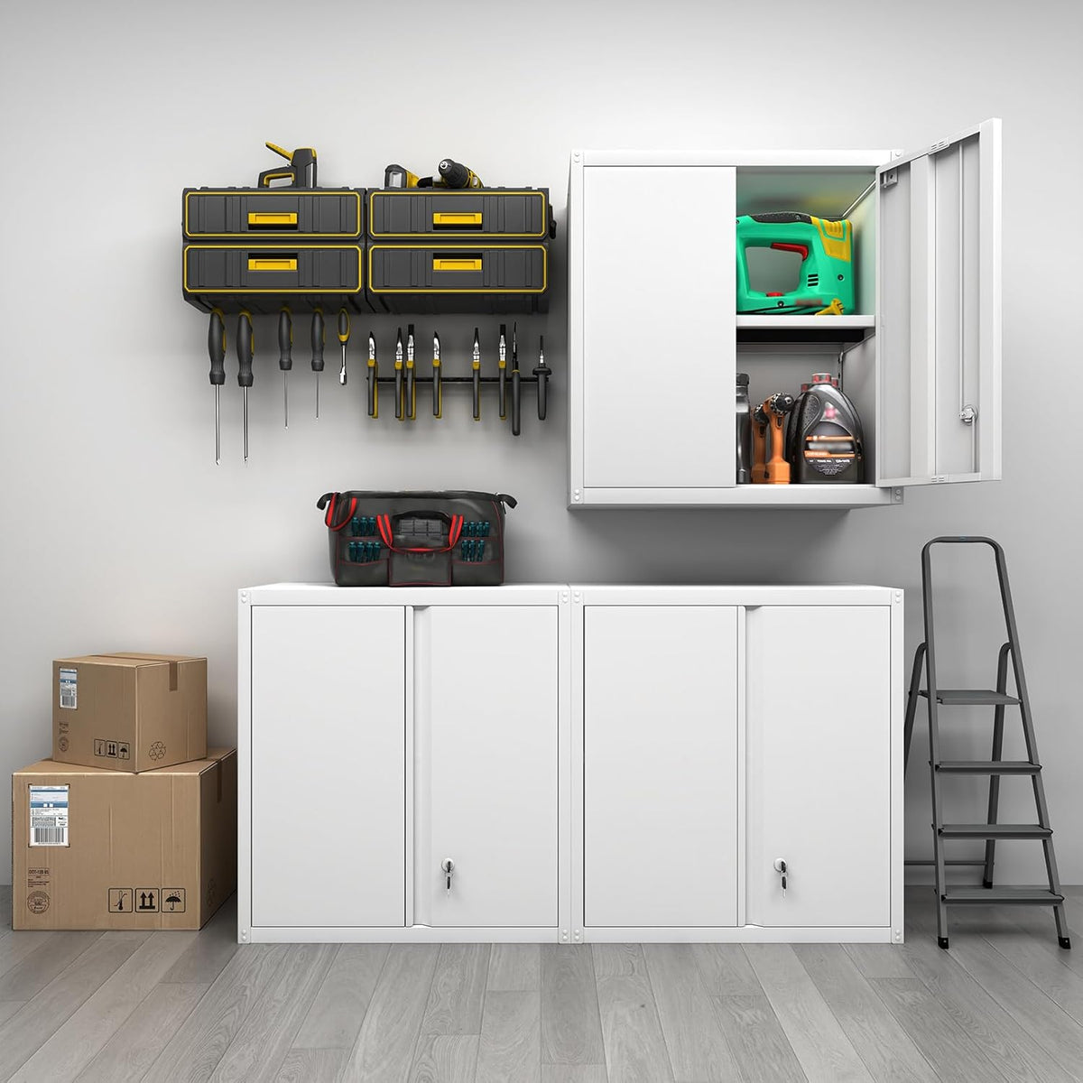 GREATMEET Metal Wall Cabinet, Wall Mounted Cabinet with Doors and Adjustable Shelf, Metal Storage Cabinet with Lock, Wall Cabinet for Garage, Pantry, Utility Room, White