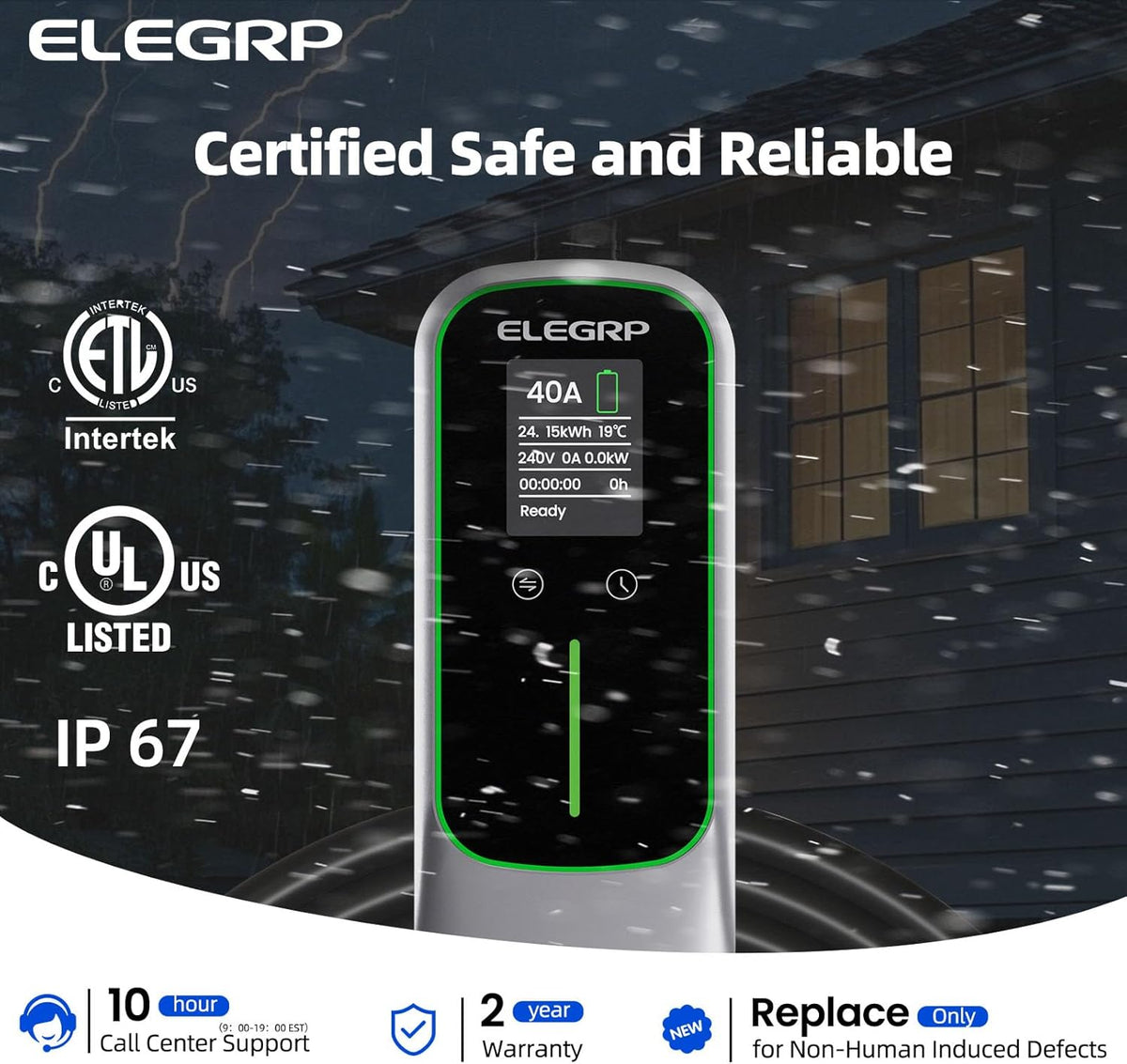 ELEGRP Level 2 EV Charger for Home, 40 Amp, ETL Certified, PBE & LCD Technology, 25ft J1772 Cable with NEMA 14-50 Plug, Plug and Play, 240V for BEVs/PHEVs
