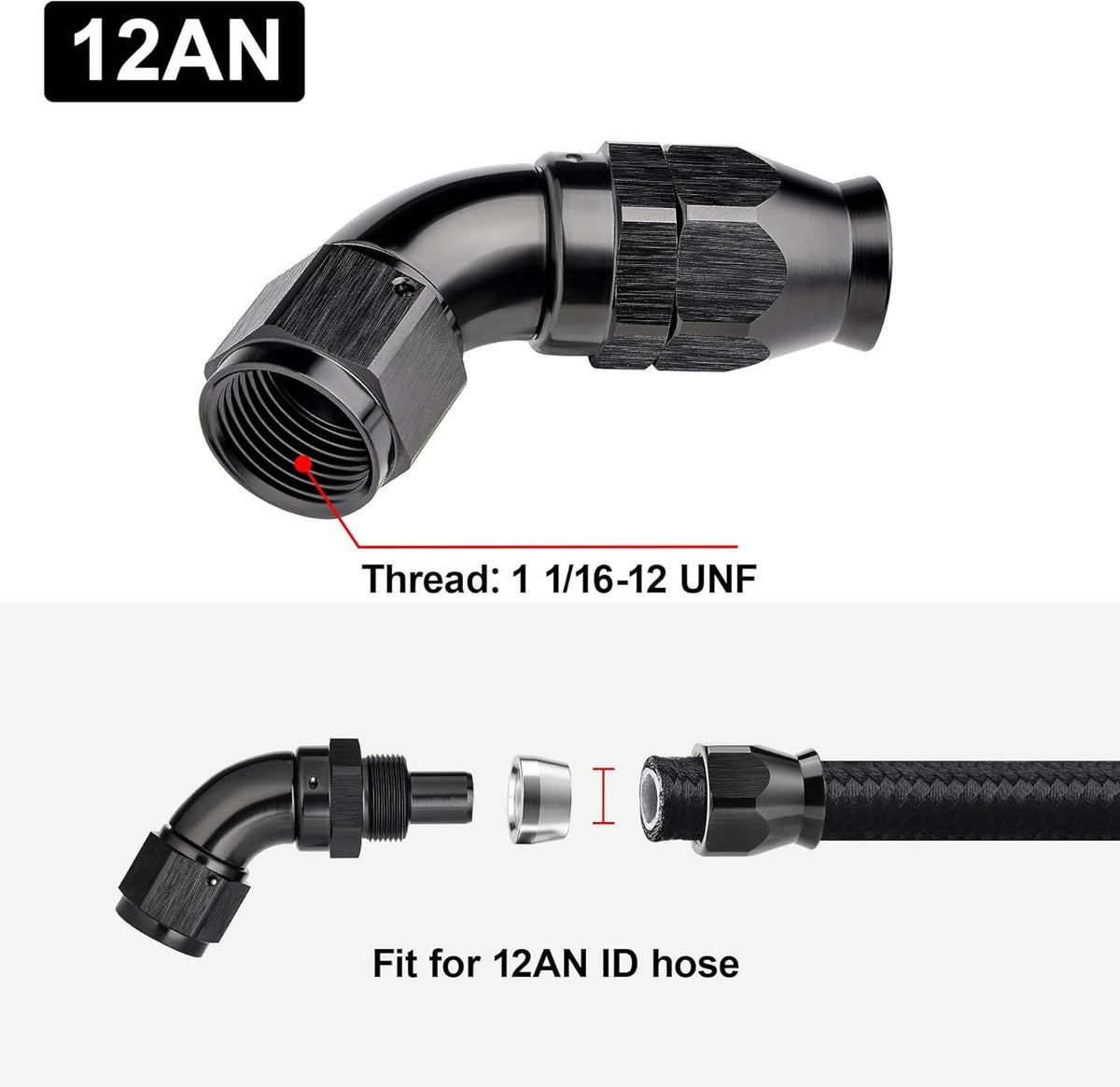 EVIL ENERGY 12AN 60 Degree PTFE One Piece Full Flow End Hose Fitting Aluminum Black