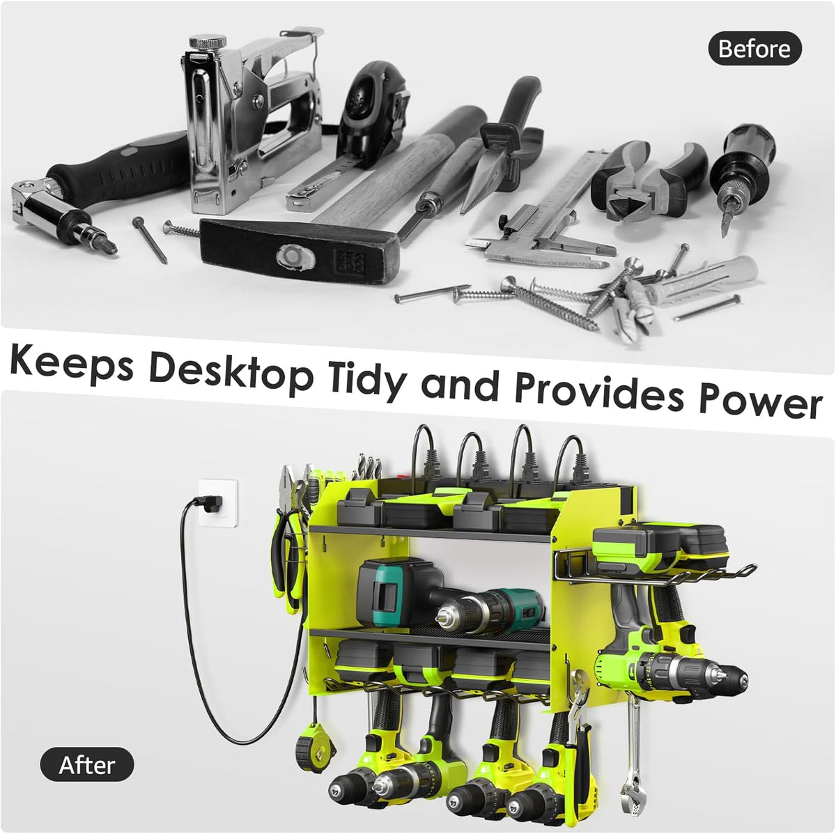 CCCEI Modular Power Tool Organizer Wall Mount Charging Station, Green 6 Drills Holder with 8 Plug Power Strip 10FT, Garage Drill Battery Heavy Duty Metal Shelf, Utility Rack with Hooks, Side Storage.