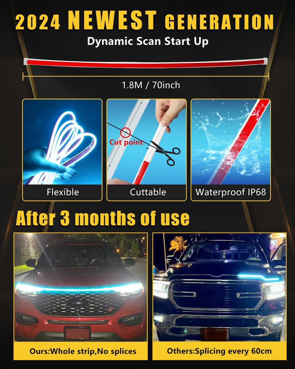 YM E-Bright Led Hood Light Strip Exterior Led Strip Lights for Cars Waterproof Flexible DRL Dynamic Scan Start Up Hoodbeam Kit Daytime Running Light for Truck,SUV,12V 70inch,Ice Blue,1 Set