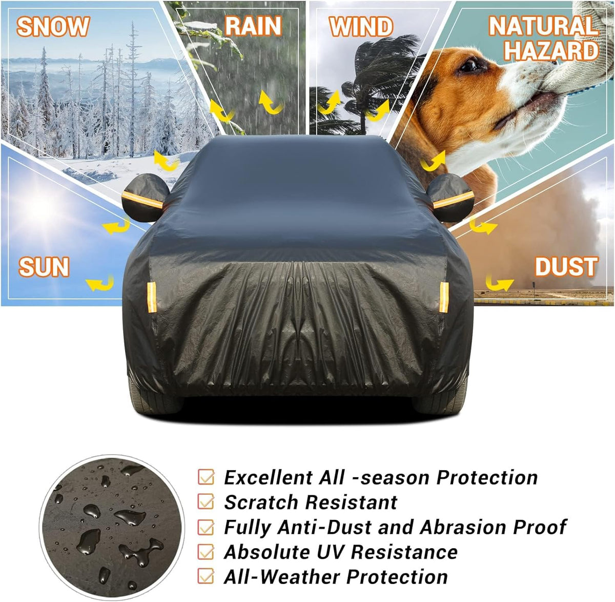 Tecoom Car Cover Waterproof All Weather, Thick Fleece Lining Car Covers for Automobiles with Lock/Zipper Door, Outdoor UV Sun Snow Windproof Hail Protector Car Cover SUV (170-190 Inch)