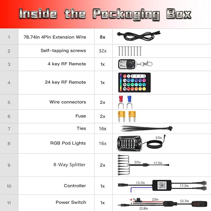 16 Pods RGB LED Rock Lights for Trucks Offroad Pickup Trailer Sedan SUV Cars, Waterproof Multicolor Neon Underglow Kit with Bluetooth APP/RF Remote, Vehicle Accent Underbody Light Underneath 12V