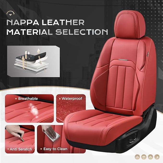 Coverado Car Seat Cover, Cover for Cars Front Seat, Premium Leather, Universal Fit Waterproof Seat Protectors, Car Seat Cushion Non-Slip for Most Cars-Red