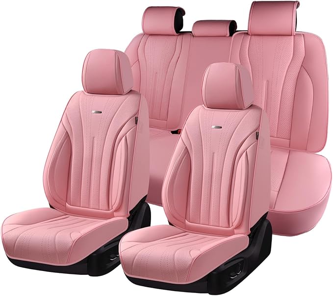 Coverado Seat Covers for Cars, Leather Car Seat Covers Full Set, Pink Waterproof Seat Covers, Luxury Car Seat Protector, Front and Back Car Seat Cushions Universal Fit for Most Sedans, Trucks, SUV