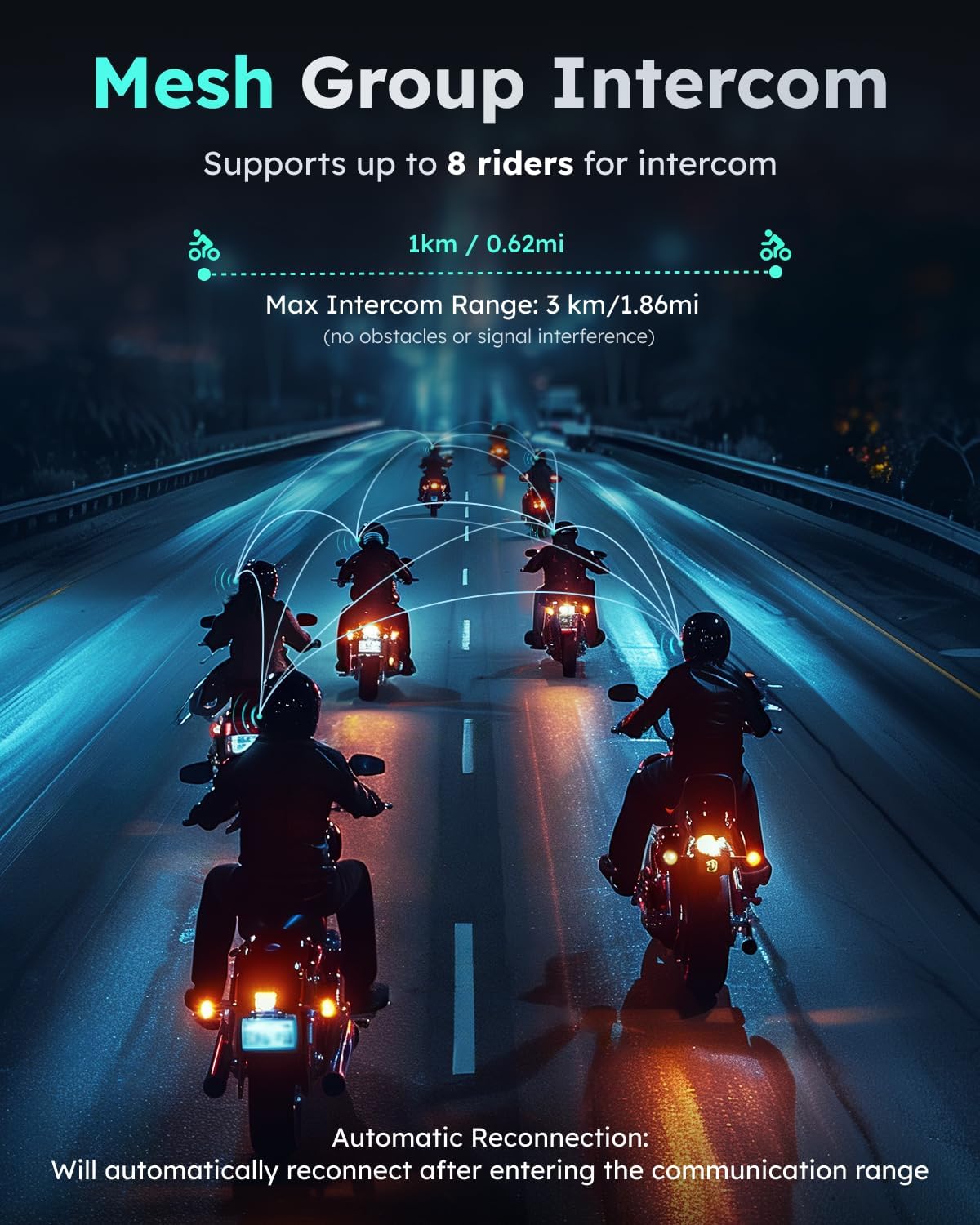 S1 Motorcycle Bluetooth Headset with 3 Intercom Modes, 8-Rider Mesh Communication, AI Voice, FM Radio, Auto Volume, Waterproof, Fast Charging for Helmet/ATV/UTV/Snowmobile, 2 Pack(Blue)
