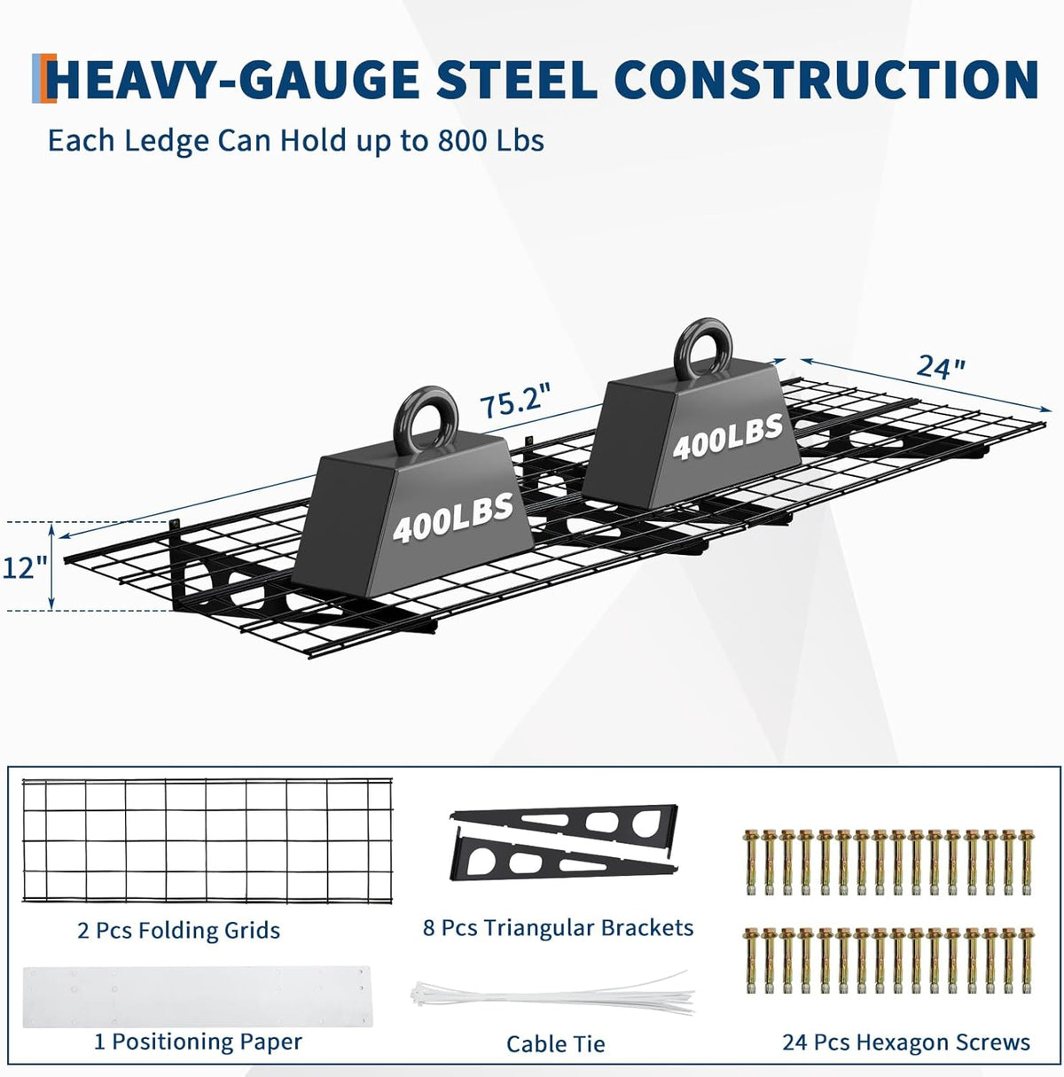 2 Pack 2x6ft Garage Storage Shelving Wall Mounted, 24-inch-by-72-inch 1600 Lbs Heavy Duty Sturdy Storage Shelves, Wall Shelves Folding Storage Garage Organization for Warehouse, Laundry