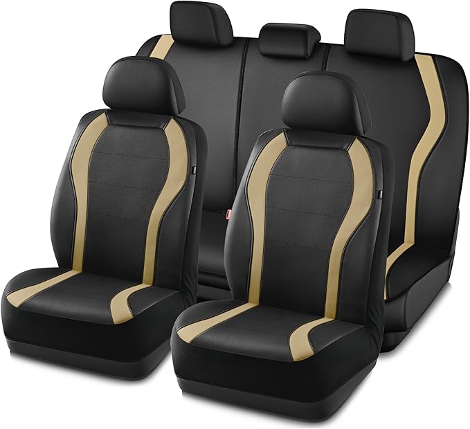 PIC AUTO Leather Car Seat Covers, Premium Automotive Waterproof Front & Rear Full Set Bucket Car Seat Protectors, Black and Beige PVC Patchwork, Fits for Cars, Trucks, Van, SUV, Airbag Compatible