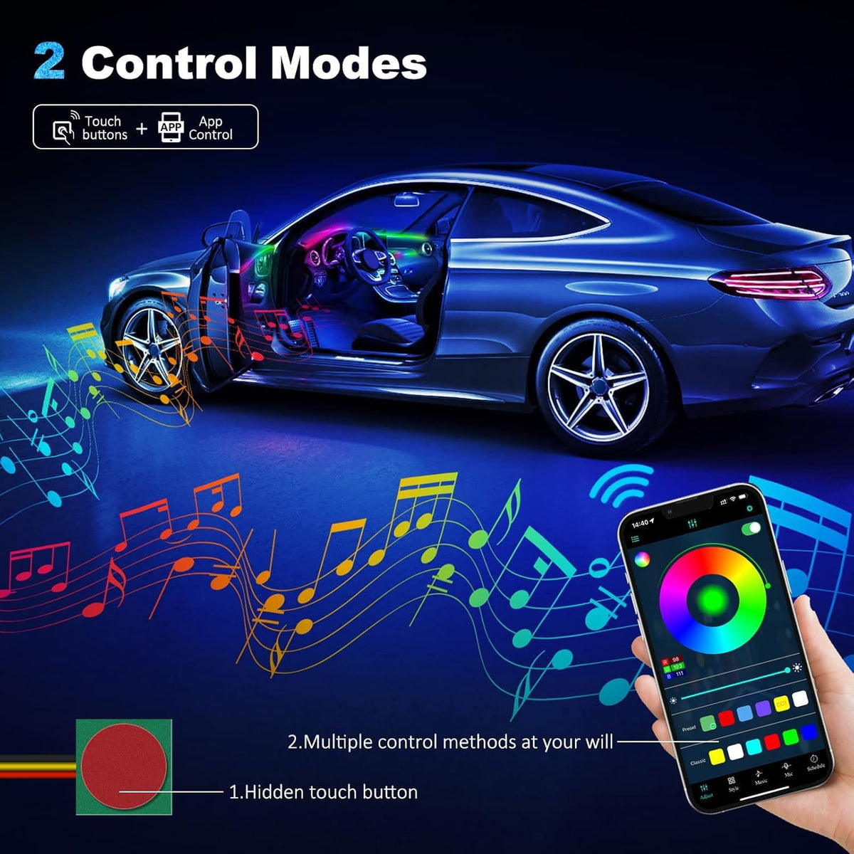 Acrylic Interior Car LED Strip Light with Wireless APP, RGB Dreamcolor 2 in 1 Ambient Lighting Kits, 16 Million Colors Sound Active Function Car Neon Lights, Sync to Music (dreamcolor 2 in 1)