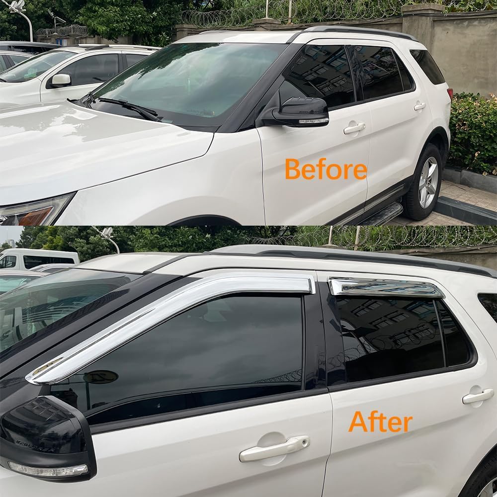 94975Y Chrome Side Window Visor Wind Vent Deflector for 2015-2022 Ford F150/F250/F350 Super Duty Crew(Supercrew) cab,4pc Outside Mount Style Sun Rain Guards