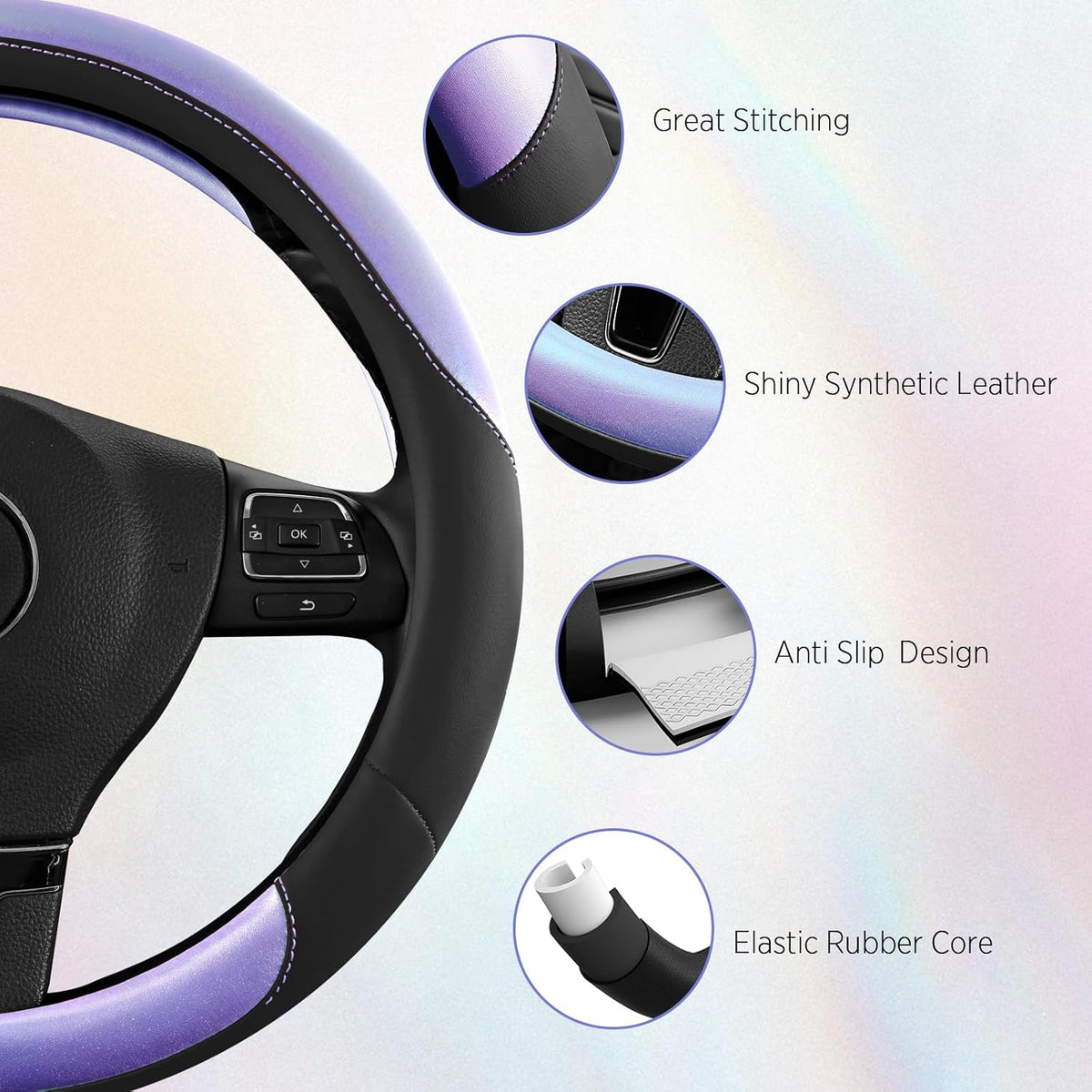 Road Comforts Steering Wheel Cover – Breathable Leather Steering Wheel Cover, Anti-Slip Grip, Universal Fit 14.5” to 15”, Heat & Cold Resistant for Cars, SUVs, and Trucks – Black & Purple