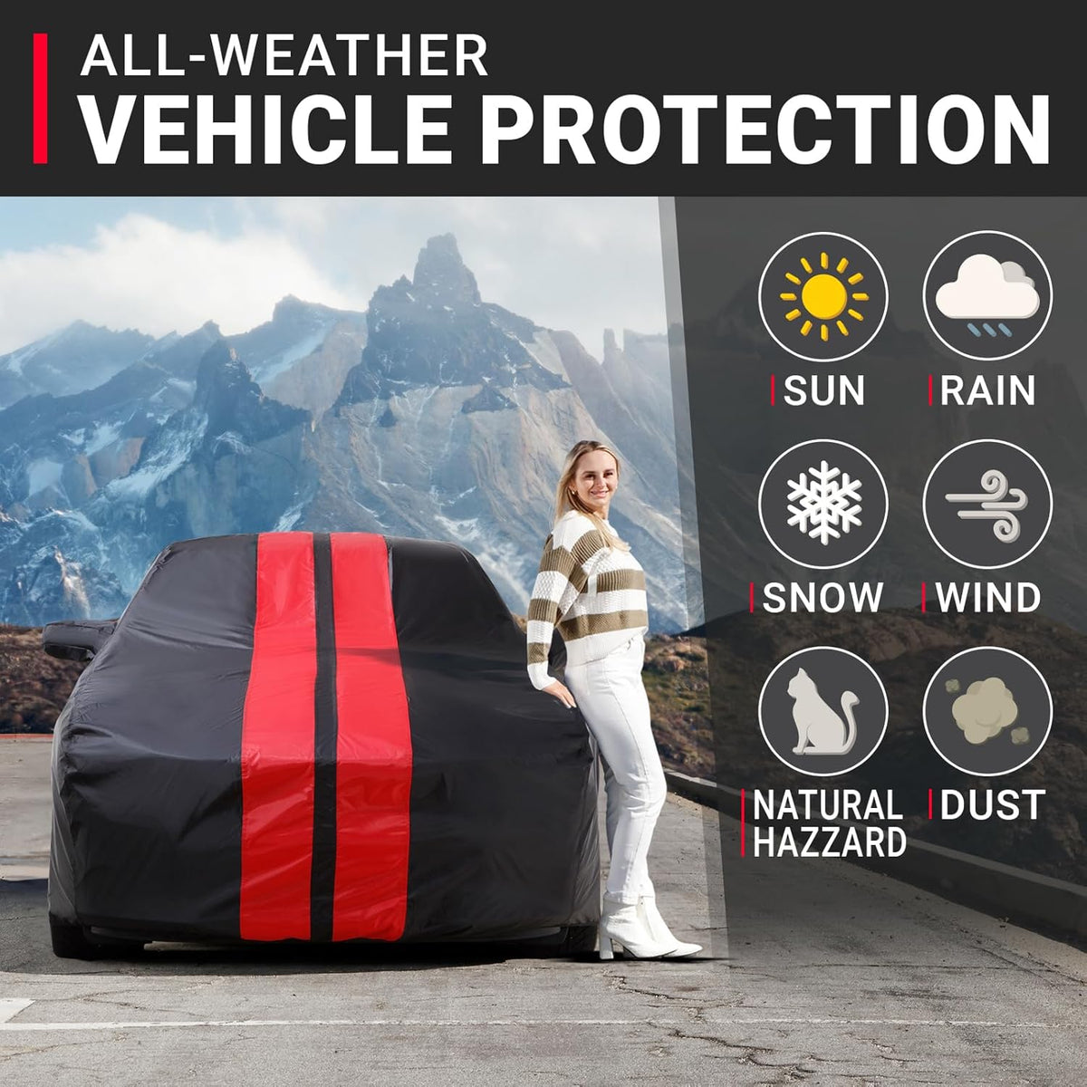 iCarCover Custom Car Cover for Buick Riviera (1986-1988) Waterproof All-Weather Rain Snow UV Sun Protector Full Exterior Indoor Outdoor Car Cover (Stripe - Black/Red)
