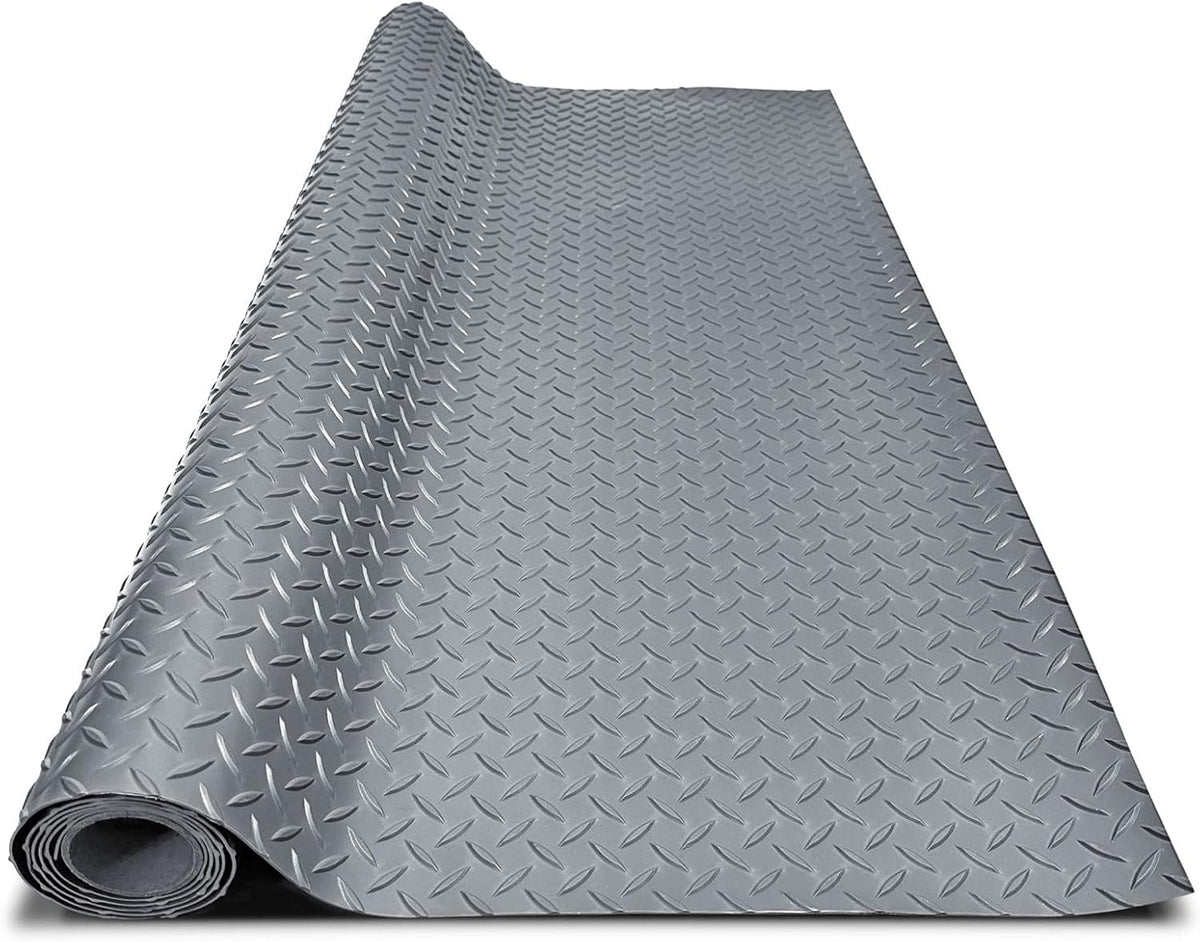 4x8FT Garage Floor Mat, 2.8mm Thickened Flooring Roll for Under Car, Golf Cart Parking Mat, Diamond Plate PVC Rubber Motorcycle Mat, Non-Slip Floor Protector for Garage Warehouse Trailer, Grey