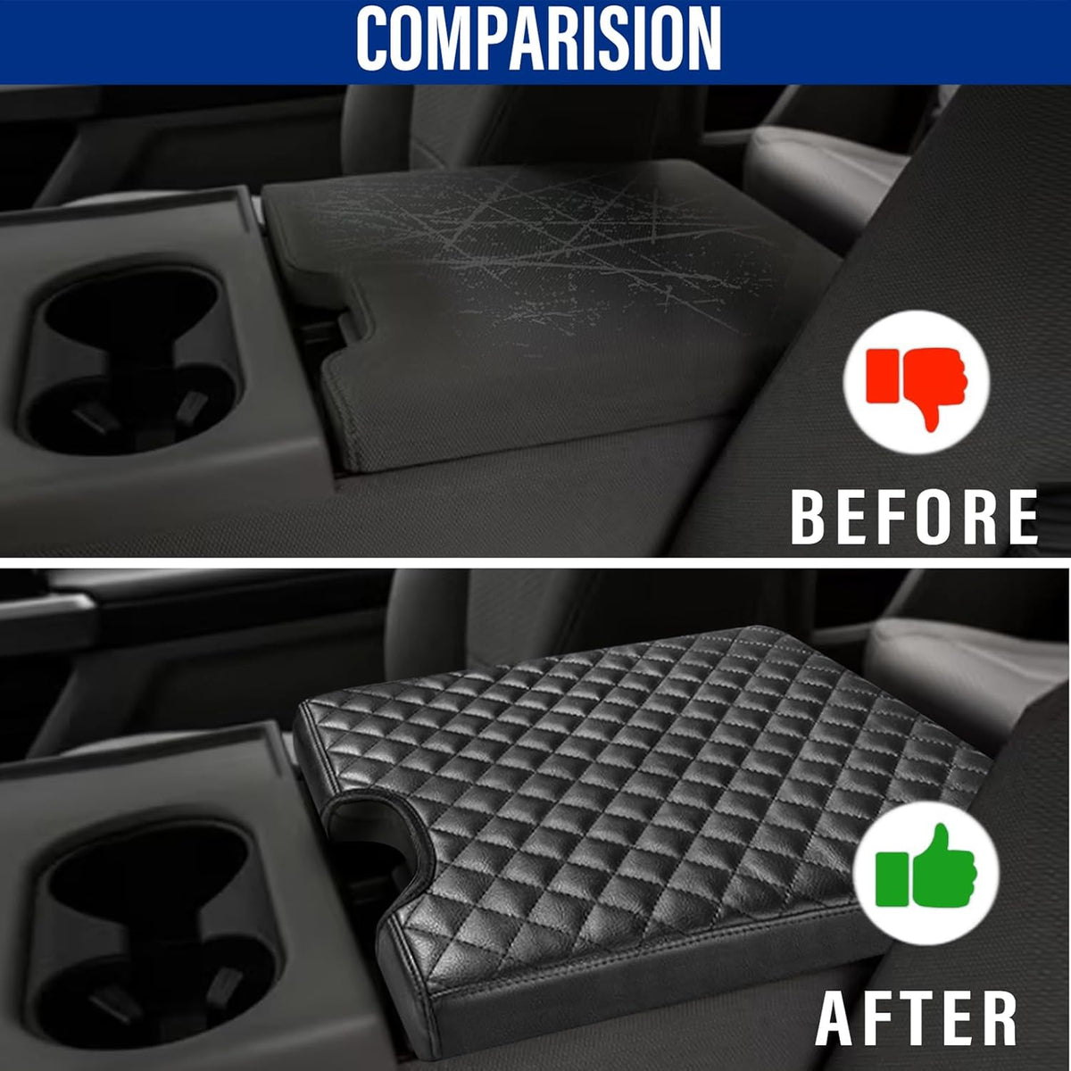 Center Console Cover for Ford F150 2015-2022, F250 F350 F450 F550 2017-2022, PU Leather Car Interior Accessories, Armrest Cover Middle Console Box Lid Protector Pad (40/20/40 Jump Seat Only), Black