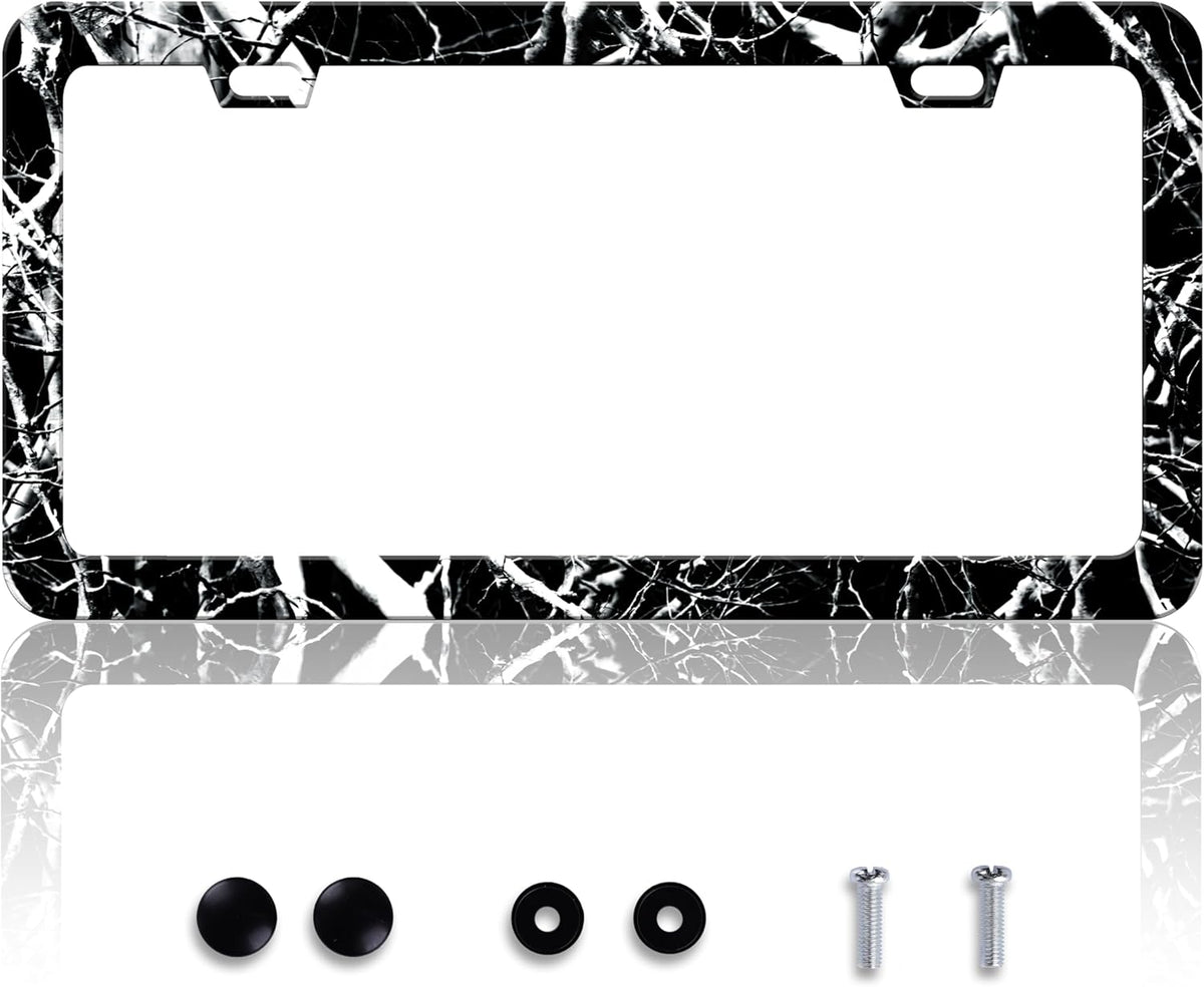 Black White Camouflage License Plate Frame Branches Trunks Camo License Plate Frames Personalise Stainless Steel Funny Design Compatible with Standard Holder for USA Canada 6 X 12 Inch with Screws