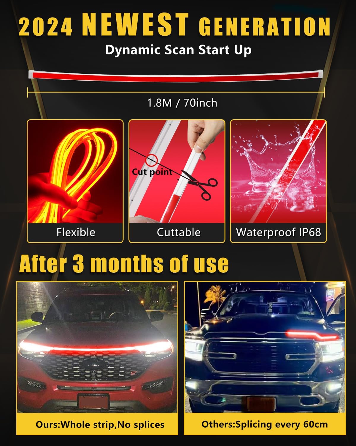 YM E-Bright Led Hood Light Strip Exterior Led Strip Lights for Cars Waterproof Flexible DRL Dynamic Scan Start Up Hoodbeam Kit Daytime Running Lights for Car,Truck,SUV,12V 70inch,Red,1 Set