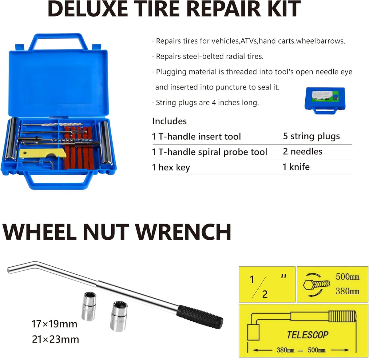 5 Piece Car Truck Floor Jack Service, Hydraulic Trolley Floor Jack & Jack Stands & Tire Repair Kit & L-Wrench for Garage, Repair Shop, DIY, Lift Range 3.3"-15.2", 2 Ton/4000 LBS Capacity, Red