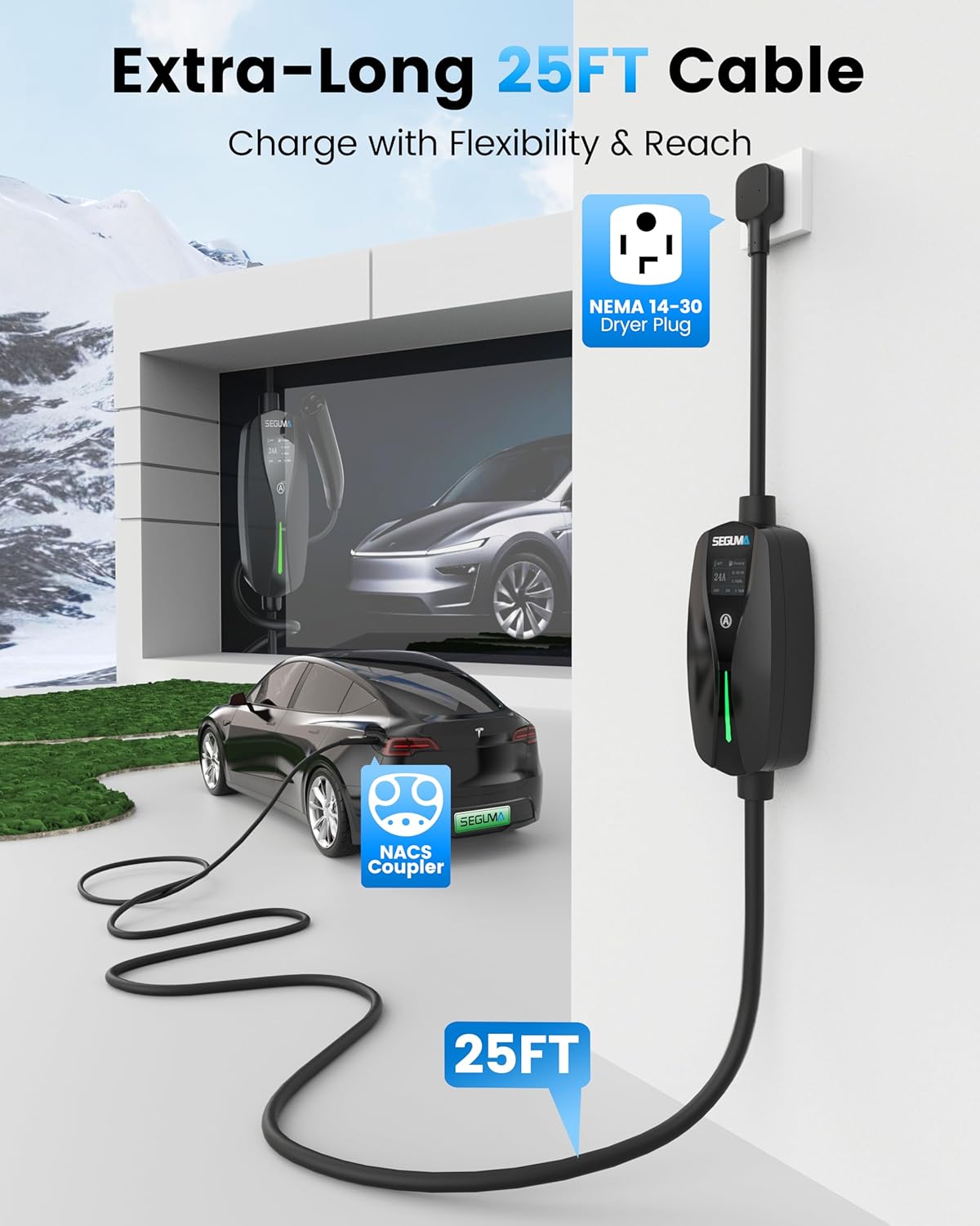 Level 2 Tesla Charger-24Amp 240V, NEMA 14-30 Plug, 25FT Extension Cable, Adjustable Current (10-24A)-Portable Home Mobile EV Charger for Model Y/X/3/S/Cybertruck, Fit 4-Prong Dryer Outlet