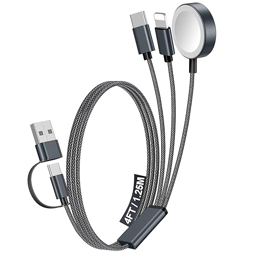 1Pack Multi Charging Cable Cord for Travel Essentials,Apple Watch Charger,iPhone Charger,[3-in-2] Type C/L Cable Portable Designed for iWatch,iPhone 17-8,Galaxy S25-21,AirPods,iPad-4FT Black