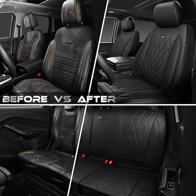 CAR PASS Leather Seat Covers Full Set, Luxury Seat Protector for Cars, Waterproof PU 5-Seat Car Seat Covers Universal for SUV Sedan Truck, Airbag Compatible & Anti-Slip, Solid Black