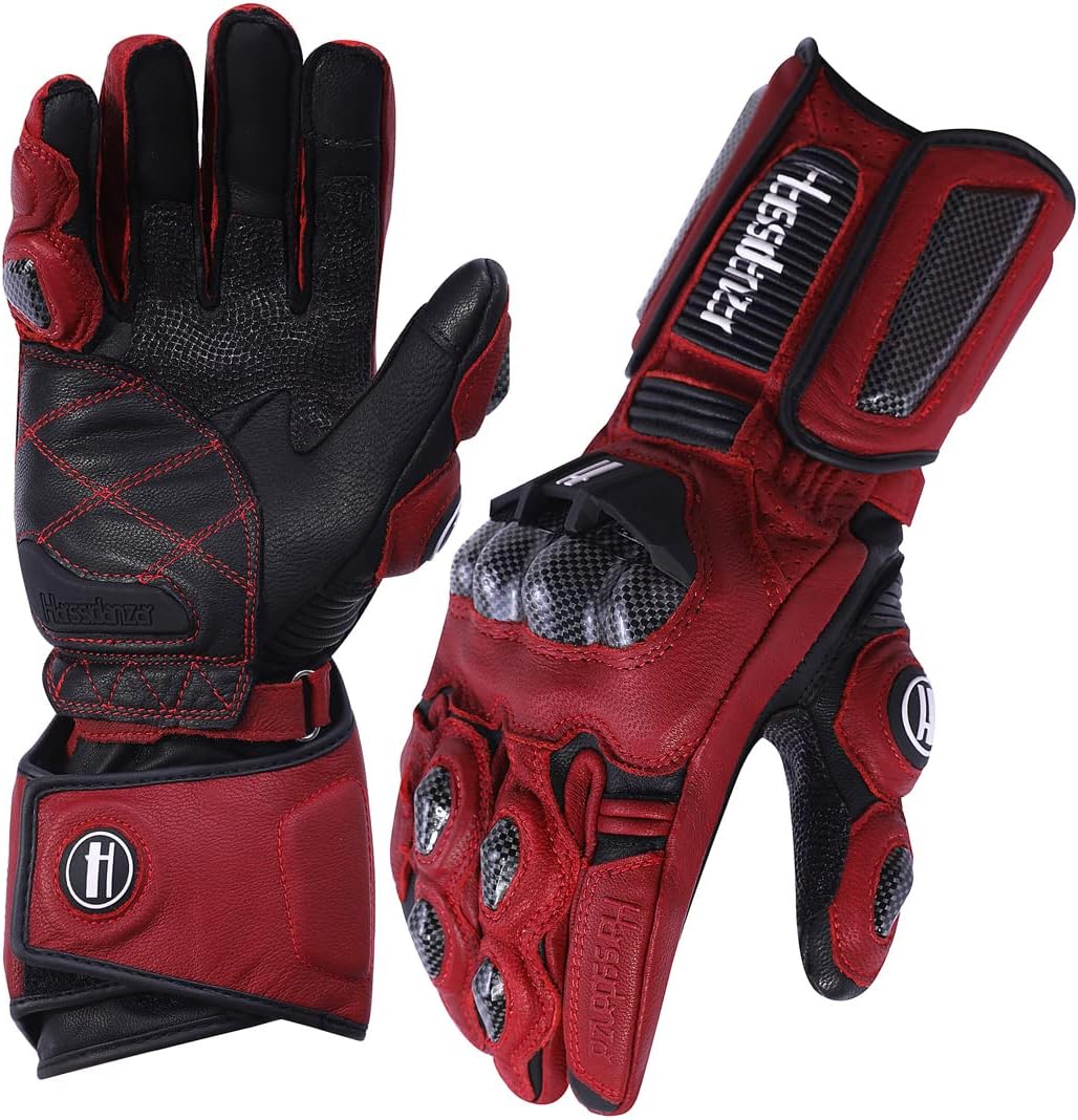 Harssidanzar Leather Motorcycle Gloves for Men and Women,Powersports Carbon Fiber Knuckle Protection Motorbike Gloves KM045
