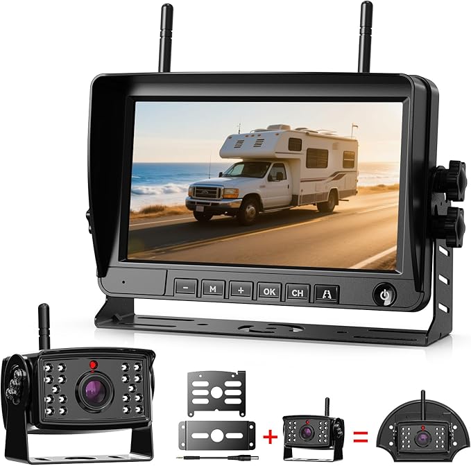 Wireless Backup Camera for Truck 7'' 1080P HD Monitor with DVR, BSD Alert RV Backup Camera System 18 LED IR Night Vision Reverse Camera Support 4 Cameras Rear View Camera for Car,Trailers, 5th Wheels