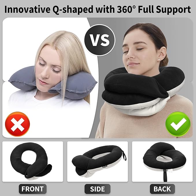 BUYUE Travel Neck Pillows for Airplanes, 360° Head Support Sleep for Long Flight, Skin-Friendly & Breathable, Kit with 3D Contoured Eye Mask, Earplugs and Storage Bag (Adult, Black, 90+ lbs)