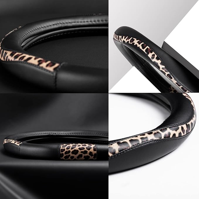 Road Comforts D-Type Steering Wheel Cover - Made with PVC Leather and Leopard Fabric - Universal Fit for 15-Inch D-Shaped Automotive Steering Wheels (Black Color)
