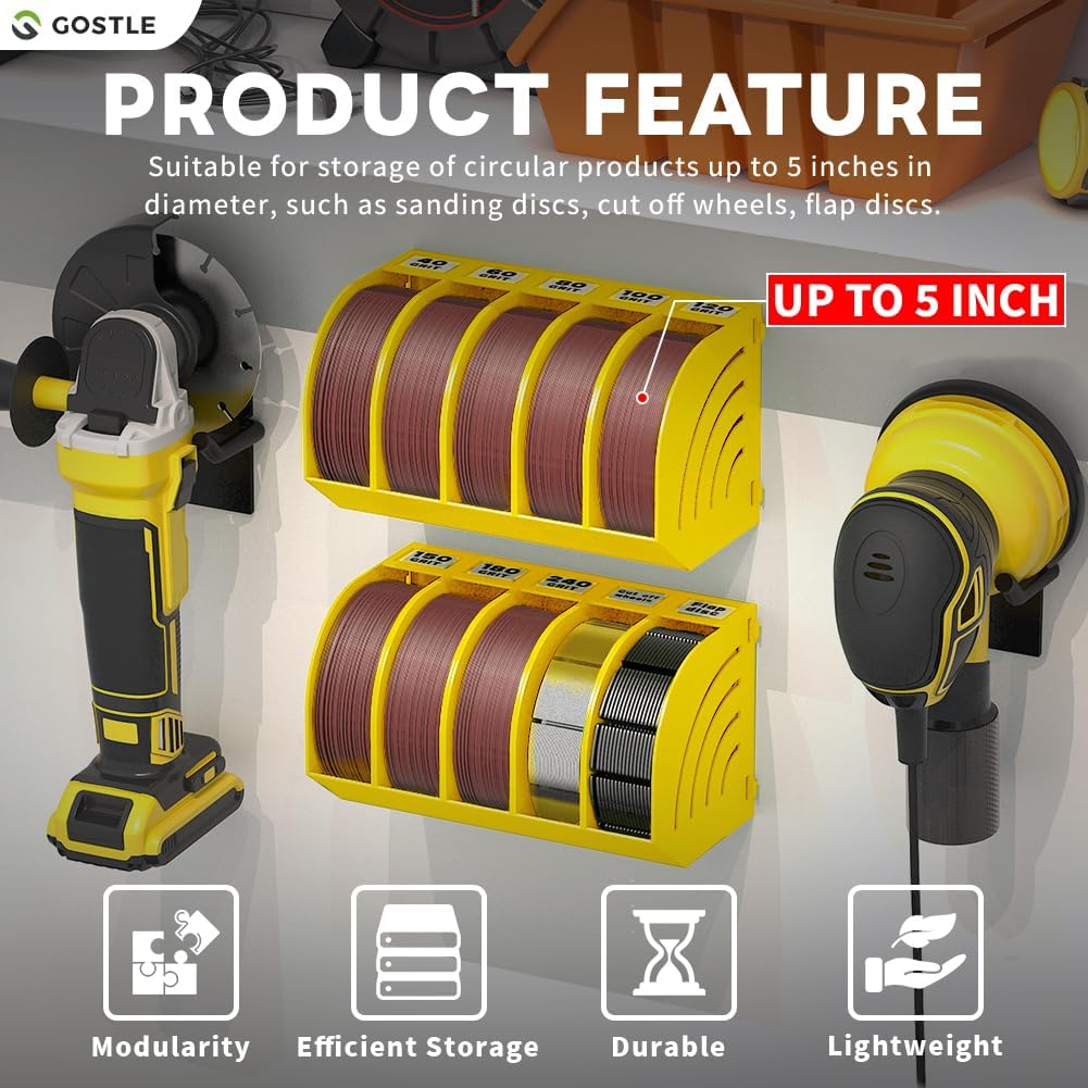 5 Inch Professional Sanding Discs Storage Bins - 6 Bins Set for Efficient Organization, Offset Snap-On Connection, Grit Classification, Space-Saving Design and Versatile Application, Yellow