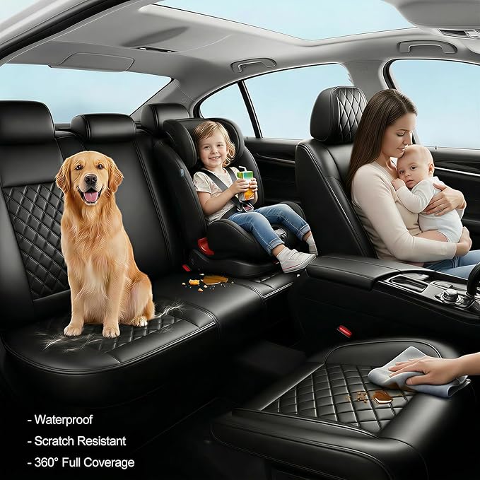 Fit Elantra Car Seat Covers for Hyundai Elantra 2017-2025 2026 - Premium Leather, Waterproof, All-Weather, Airbag Compatible, Anti-Slip, Breathable, Seat Protectors, Full Set, Black