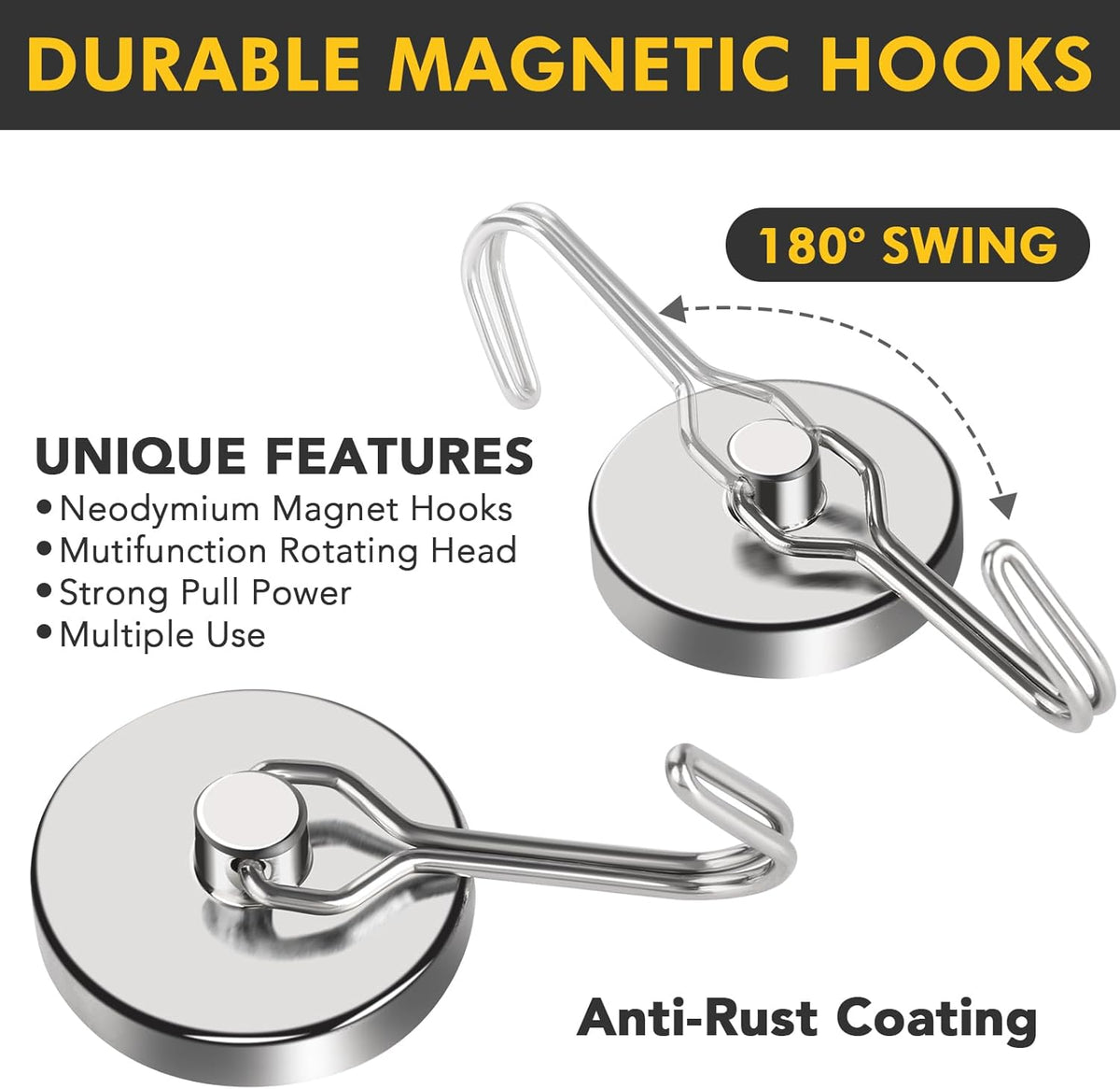MIKEDE Magnetic Hooks, 110LB Heavy Duty Neodymium Magnet Hooks, Strong Swivel Magnetic Hooks Rust Proof for Indoor Outdoor Hangers, Fridge, Garage, Cruise, Key Holders, Pack of 6