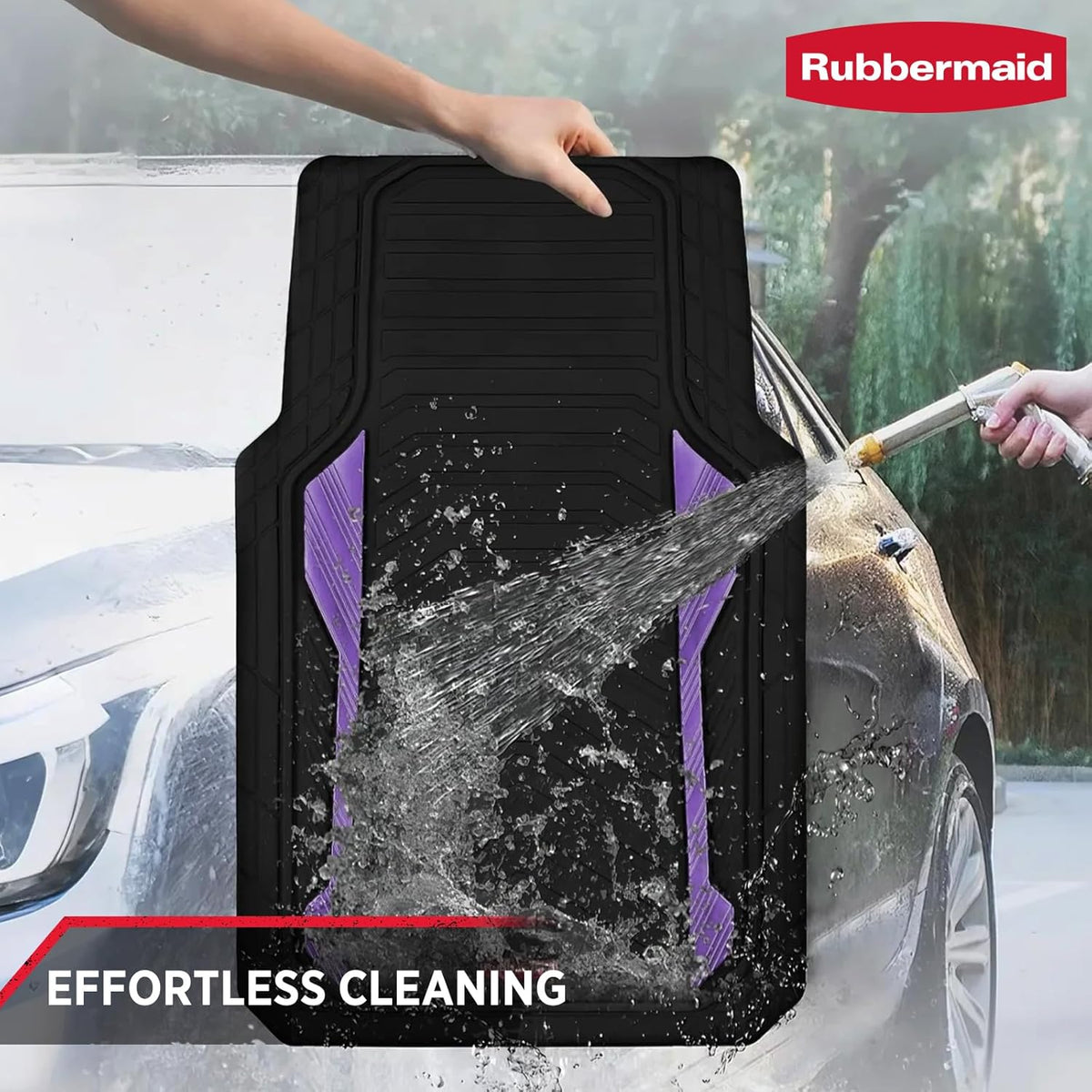 Rubbermaid Car Floor Mat, Heavy Duty All-Weather Car Mats Full Set with Dual-Tone Purple Aluminum Inserts – Universal Fit, Anti-Slip Backing, Trim-to-Fit for Most SUV, Sedan, Van