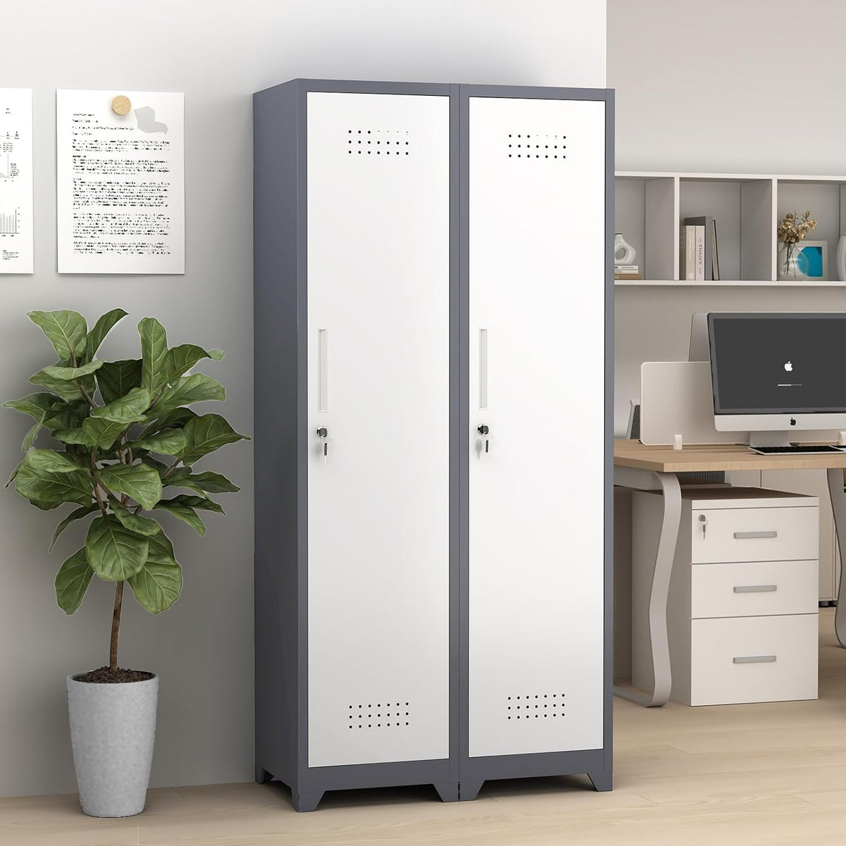GREATMEET Slim Lockable Garage Storage Cabinet, Narrow Broom Storage Closet, 65" Metal Cleaning Tool Cabinet with Lock and Door,Utility Cabinets for Brooms and Mops for Laundry Room, White&Grey
