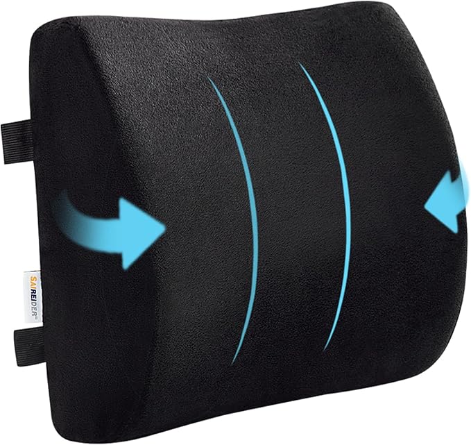 SAIREIDER Comfortable Lumbar Support Pillow for Office Chair, Memory Foam Back Support Pillows for Car、Gaming Chair、 Home Chair, Back Pain Relief Improve Posture, Double Adjustable Straps(Black)