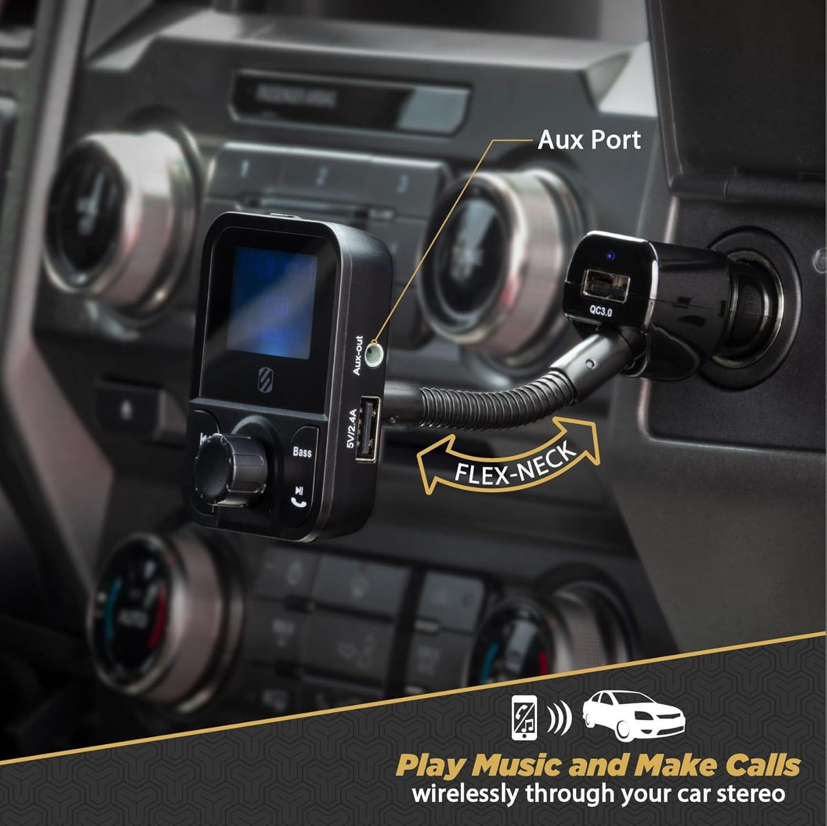 Scosche SBTFM1-XCES0 Bluetooth 5.0 FM Transmitter w/ Dual USB Charger Ports, LCD Screen, Adjustable Neck & Aux Port, Wireless Radio Bluetooth Adapter, Hands-Free Car Kit for Phone Calls & Music Player