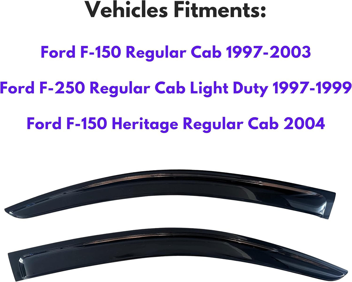 KPY Window Visor Compatible with 1997-2003 Ford F150, 2004 F150 Heritage, 1997-1999 F250, Rain Guard Vent Deflector Tape-On, 1998 1999 2000 2001 2002 (Regular Cab Only)