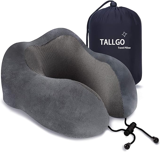 TALLGO Travel Pillow, Best Memory Foam Neck Pillow Head Support Soft Pillow for Sleeping Rest, Airplane Car & Home Use (Grey)