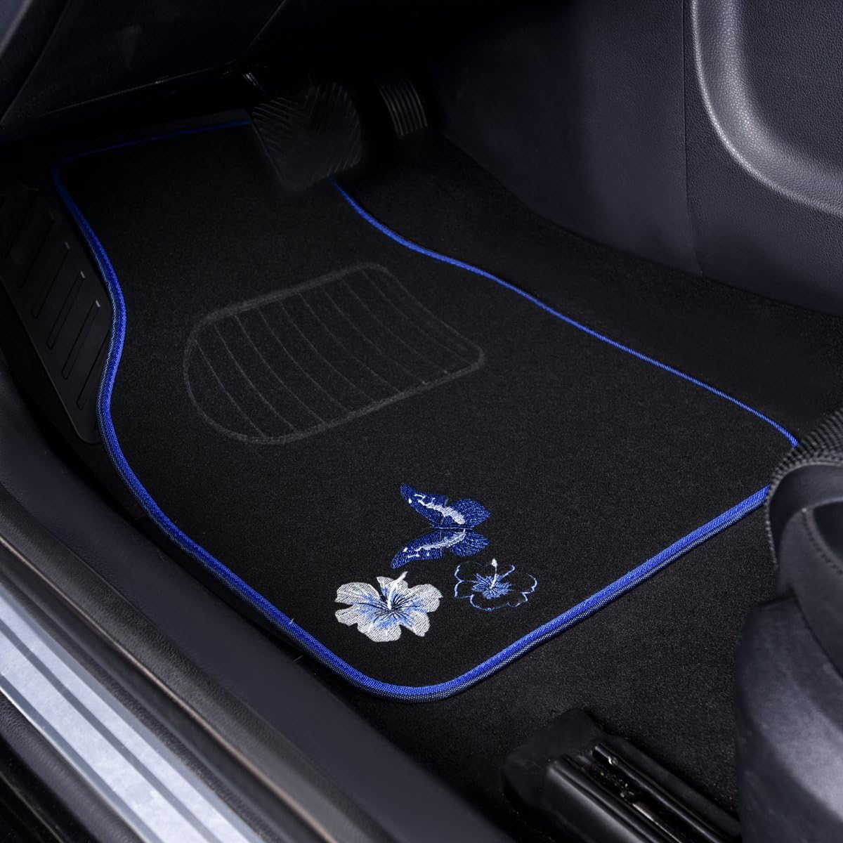 CAR PASS Universal Fit Embroidery Butterfly and Flower Car Floor Mats, Blue Car Floor Mats Fit 95% Automotive,SUVS,Sedan,Vans,for Women,Girly,Set of 4 (Black with Blue)