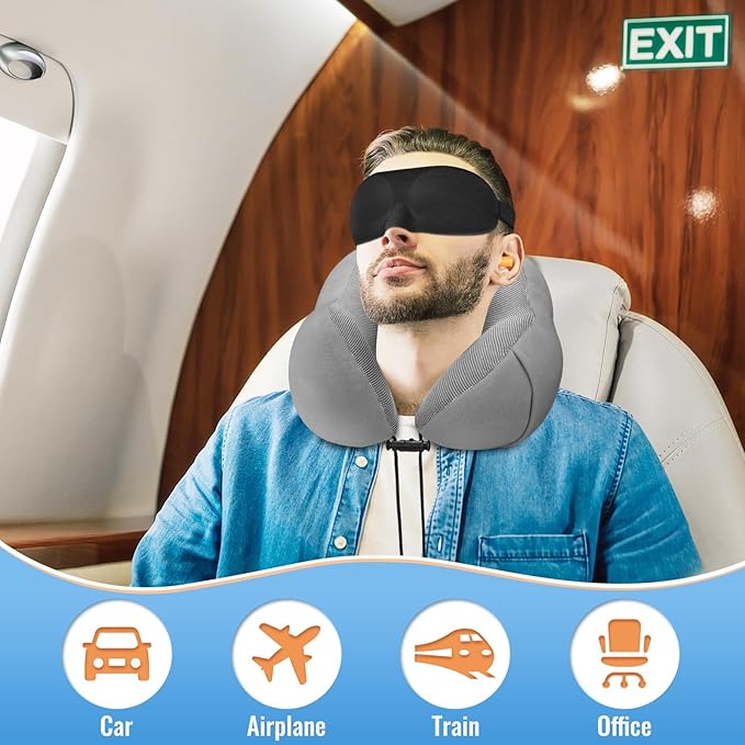 CloudBliss Travel Pillow Premium Memory Foam, Comfortable & Supportive Neck Pillow, Sleeping Neck Pillows for Travel, Airplane Pillow for Sleeping Airplane, Car, Office and Home（Dark Grey）