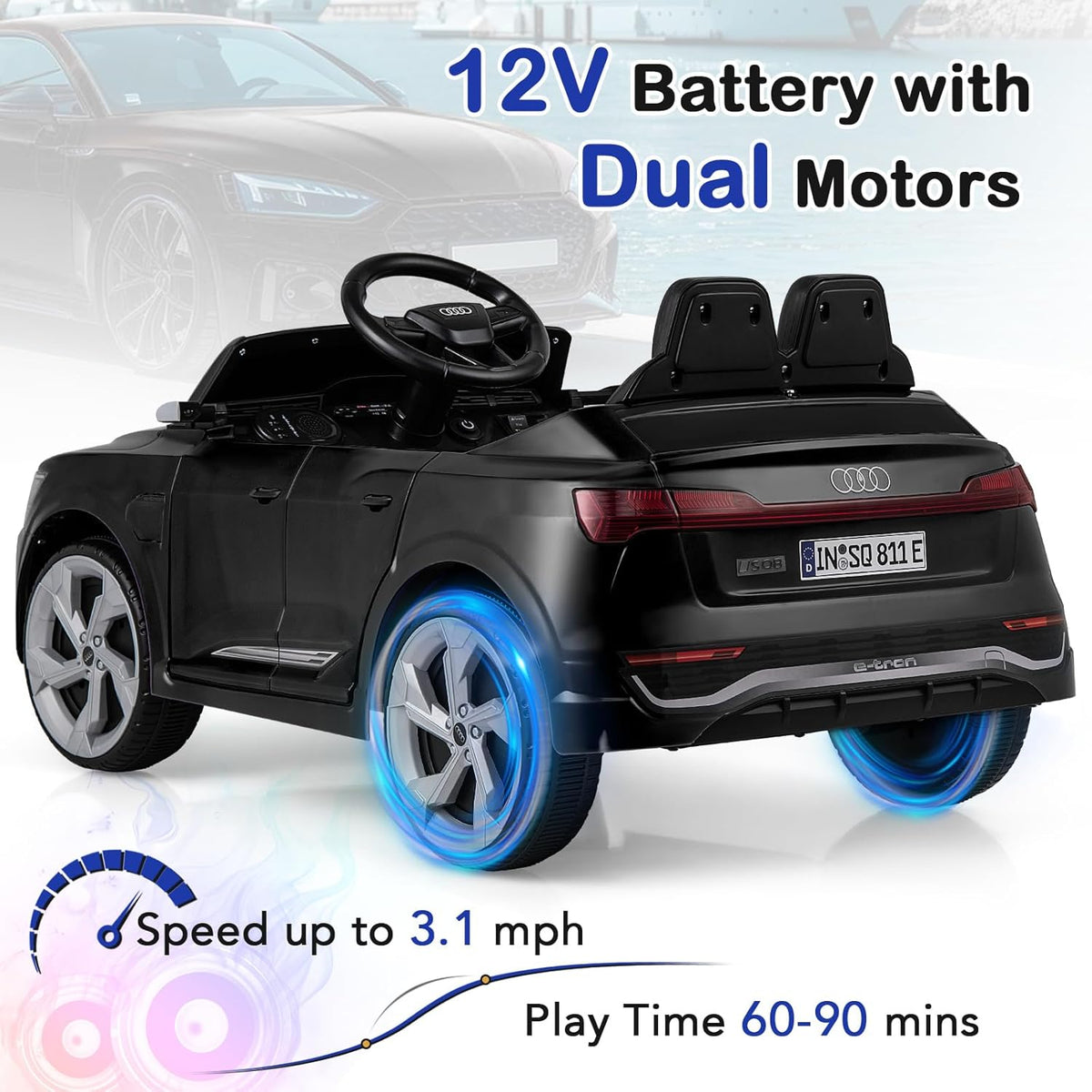 Licensed Audi SQ8 Ride on Car by OLAKIDS, 12V Kids Electric Vehicle with Remote Control, Toddlers Battery Powered Toy with 3 Speeds, Wheels Suspension, Music (Black)