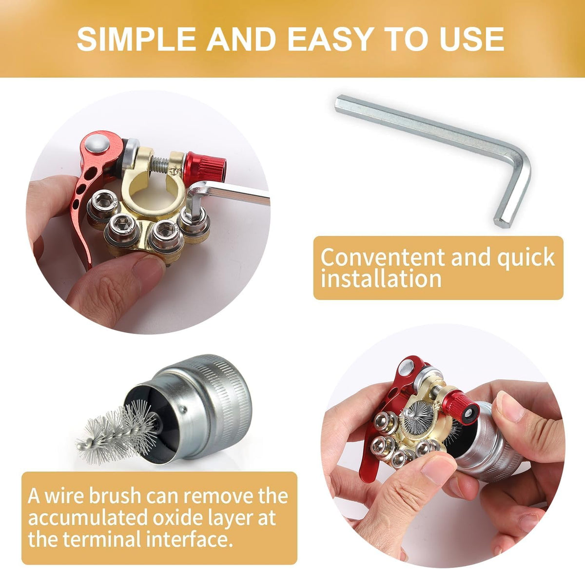 SINGARO Car Battery Terminal Connector, 4 Way Positive and Negative Pole Quick Release Terminal Clip, Applicable to SAE/JIS A Type Terminal Post, Compatible with Cars, Trucks and More（Gold-A）