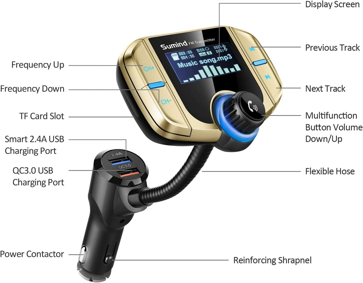 Upgraded Bluetooth FM Transmitter, Wireless Radio Adapter Hands Free Car Kit with 1.7'' Display, QC3.0 and Smart 2.4Amp Dual USB Ports, AUX Input/Output, TF Card Mp3 Player (Normal, Golden)