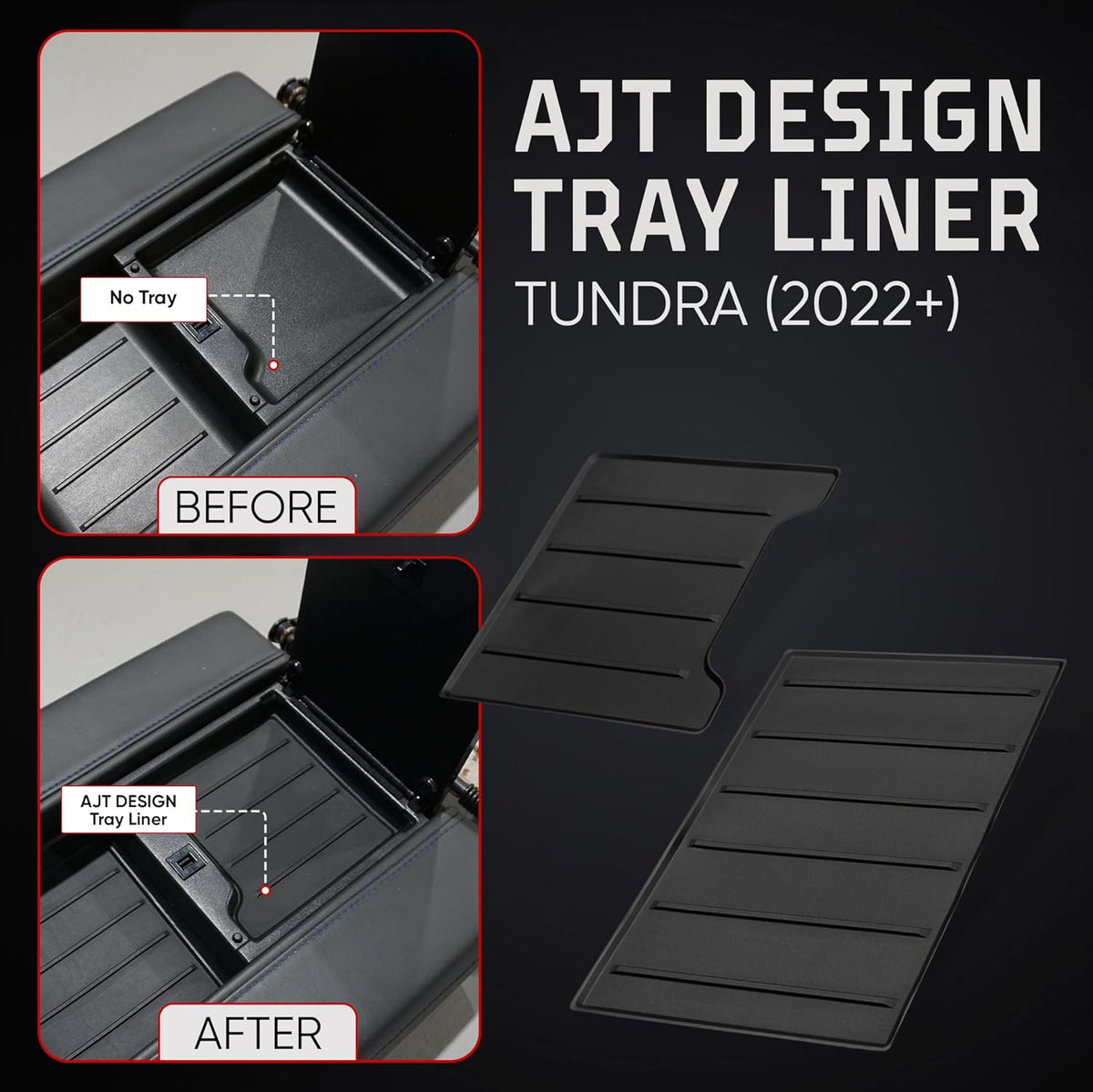 AJT DESIGN Center Console Organizer Tray Liner Compatible with 2022+ Toyota Tundra Platinum, 1794, TRD PRO, Capstone | Fits 2023+ Sequoia | Anti-Slip Mat for Car Console Organizer Tray | 2-Piece Black