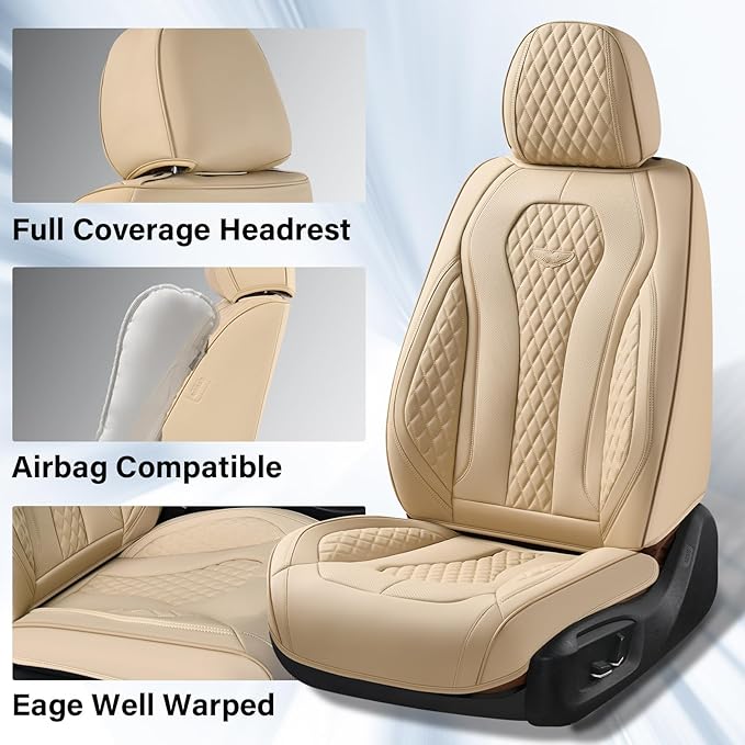 Coverado Automotive Seat Covers, Car Seat Covers Full Set, Beige Car Seat Cover, Car Seat Cushion Waterproof, Front Seats Back Seat Covers, Car Seat Protector Universal Fit Most Cars