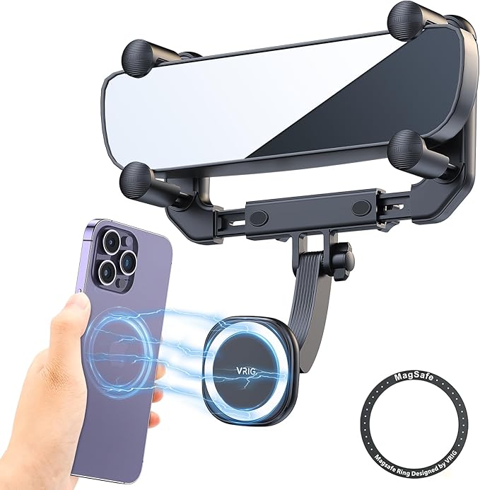 VRIG MG-15 Magnetic Rear View Mirror Phone Holder for car [Big Rear Mirrors Friendly],Magsafe Hands Free 360 Rotating Strong Magnet Cell Phone Mount Fit for iPhone 16/1514/13/12 Series